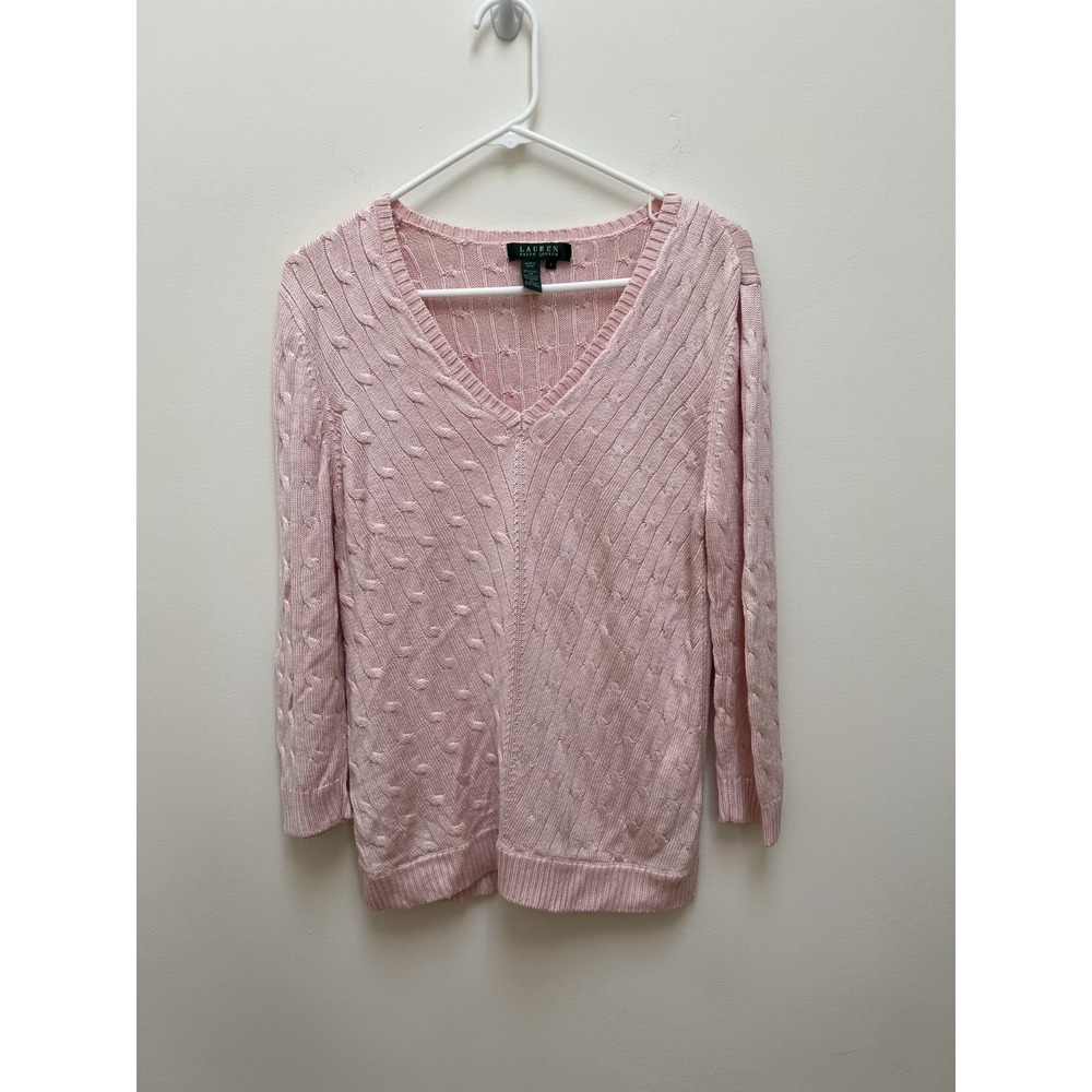 Vintage Lauren Ralph Lauren W Cable knit 95% Silk Sweater v-neck blush pink L